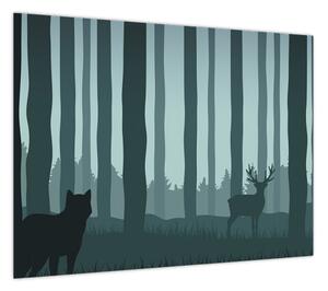 Obraz - Jeleń z wilkiem w skałach (70x50 cm)