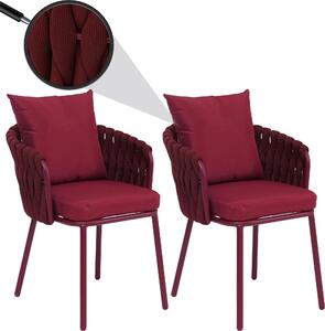 Zestaw 2 aluminiowych krzeseł do jadalni HWC-P89, krzesło do wnętrz z podłokietnikami, tkanina/materiał (180 g/m²) plecionka linowa Rope ~ bordowy