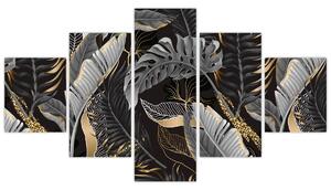 Obraz - Tropikalne liście w kolorze czarno - złotym (125x70 cm)