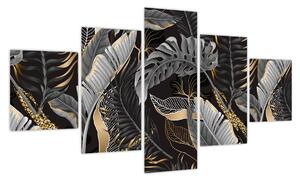 Obraz - Tropikalne liście w kolorze czarno - złotym (125x70 cm)