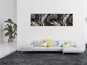 Obraz - Tropikalne liście w kolorze czarno - złotym (170x50 cm)