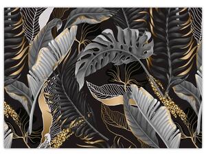 Obraz - Tropikalne liście w kolorze czarno - złotym (70x50 cm)
