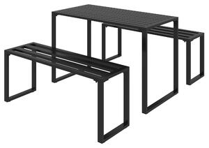 Zestaw piknikowy metalowy, zestaw ogrodowy na 4 osoby, odporny na warunki atmosferyczne, składający się z: 1 stolika, 2 ławki, kolor czarny. | 25,2 kg | Obciążenie stolika: 70 kg, obciążenie ławki: 220 kg | Wymiary: 110x55x70 cm