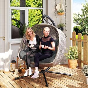 Hanging chair with frame for 2 people, oval hanging swing, foldable, rocking chair in the shape of an egg, kolor: beżowy/czarny | 132x126x172 cm | maksymalne obciążenie: 240 kg