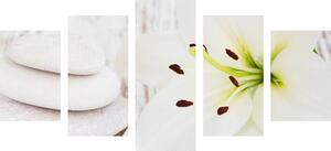 5-częściowy obraz lilie i kamienie do masażu w białym kolorze
