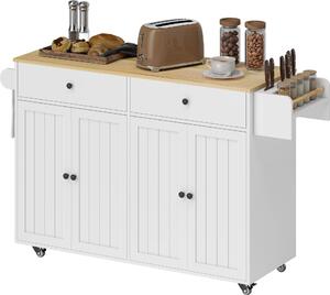 Wysuwana wyspa kuchenna z szufladami, wózek kuchenny na kółkach z płyty MDF, biały | 147 x 43 x 89 cm | 5 kółek | półka na noże i przyprawy
