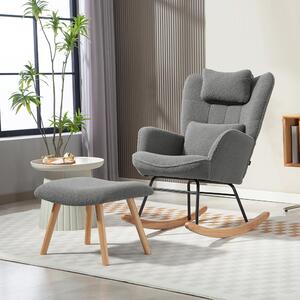 Fotel bujany z podnóżkiem Fleece Wingback, fotel bujany z wysokim oparciem, fotel relaksacyjny w kolorze ciemnoszarym | 101,5 x 70,5 x 99,5 cm | 95°–115° | Stalowa rama