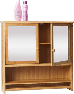 Szafka z lustrem HWC-B18, szafka łazienkowa z lustrem, 3 półki 2 drzwi lustro bambus 62x66x15cm