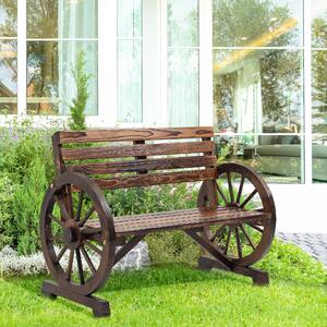 Ławka ogrodowa dwuosobowa w stylu koła od wozu, drewniana ławka w stylu rustykalnym, ławka z litego drewna sosnowego odporna na warunki atmosferyczne, brązowa | 105,5 x 56 x 79 cm | nośność do 240 kg | styl rustykalny