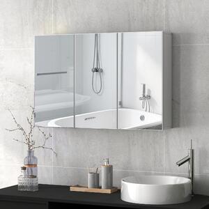 Szafka łazienkowa z lustrem, szafka łazienkowa z 3 drzwiczkami z lustrem, montaż na ścianie, płyta drewnopochodna, kolor biały | 90 x 15,5 x 60 cm | 5 półek | bezuchwytowy design