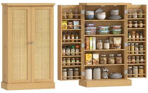 Półka kuchenna, szafka kuchenna, imitacja rattanu, stojąca półka na przyprawy, wykonana z MDF i rattanu PE, kolor naturalny | 60 x 30 x 104 cm | 12 przegródek na przyprawy | 5 półek