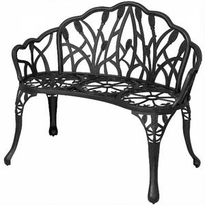 Oparcie z motywem tulipanów, ławka ogrodowa z aluminium odlewanego, dwuosobowa, ławka zewnętrzna, odporna na warunki atmosferyczne, kolor czarny | 6,5 kg | 99 x 57 x 78 cm