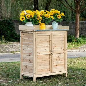 Szafka ogrodowa z drewna sosnowego, stolik do sadzenia z blatem z ocynkowanej blachy, drewniana szafka ogrodowa z naturalnego drewna | 83 x 40 x 92 cm | 13,95 kg | 2 przegródki