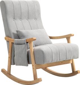 Fotel bujany z poduszką lędźwiową, fotel relaksacyjny z szerokim siedziskiem, fotel bujany z poliestru w kolorze szarym | 90 x 65 x 98 cm | do 120 kg | drewno kauczukowe
