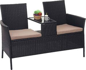 Ławka ogrodowa z polirattanu ze stołem HWC-E24, sofa ogrodowa, 132 cm ~ czarny, poduszki kremowe