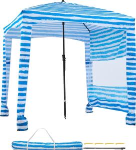 Parasol plażowy 183 x 183 cm z boczną ścianką, ochrona przeciwsłoneczna UPF 50+, pawilon plażowy z workami z piaskiem, przenośny parasol przeciwsłoneczny dla rodziny i przyjaciół, w kolorze niebieskim z paskami