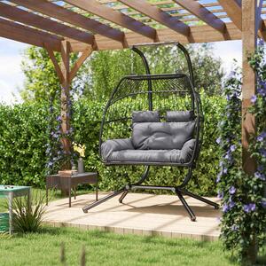 Fotel wiszący dla 2 osób, rattan PE, stal, składany, fotel wiszący typu „Egg Chair”, fotel koszykowy, odporny na warunki atmosferyczne, ciemnoszary | 170 x 100 x 185 cm | do 260 kg | wraz z poduszkami