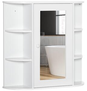 Biała szafka łazienkowa z lustrem i drzwiami lustrzanymi, szafka łazienkowa z wodoodpornego MDF, 8 otwartych przegródek i schowek za drzwiami | 66 x 17 x 63 cm | nośność do 10 kg | uchwyt w formie gałki