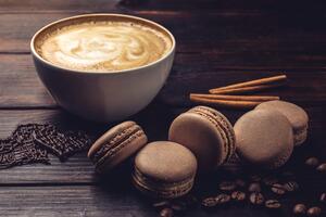 Obraz kawa z czekoladowymi makaronikami