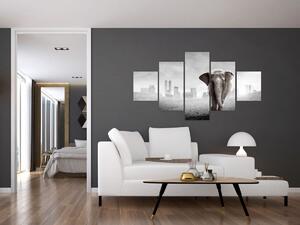 Obraz - Słonie w wielkim mieście, wersja czarno - biała (125x70 cm)