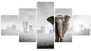 Obraz - Słonie w wielkim mieście, wersja czarno - biała (125x70 cm)