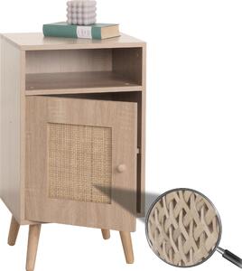 Stolik nocny HWC-M39, szafka nocna stolik kawowy stolik nocny, schowki, drewno Kubu rattan melamina, wygląd dąb 71x40x41cm