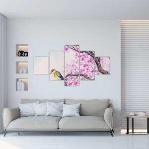 Obraz - ptak na drzewie z różowymi kwiatami (125x70 cm)