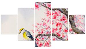 Obraz - ptak na drzewie z czerwonymi kwiatami (125x70 cm)