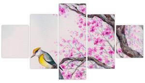 Obraz - ptak na drzewie z różowymi kwiatami (125x70 cm)