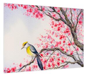 Obraz - ptak na drzewie z czerwonymi kwiatami (70x50 cm)