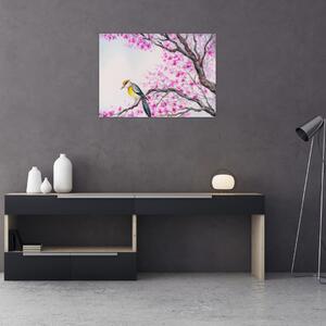 Obraz - ptak na drzewie z różowymi kwiatami (70x50 cm)
