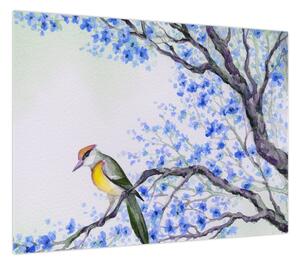 Obraz - ptak na drzewie z niebieskimi kwiatami (70x50 cm)
