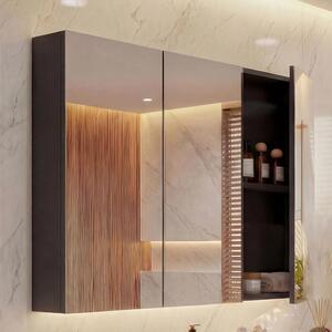 Szafka z lustrem HWC-B19b, szafka łazienkowa, 6 półek, wysoki połysk z certyfikatem 70x80x16cm ~ czarny
