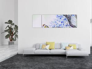 Obraz - ptak na drzewie z niebieskimi kwiatami (170x50 cm)