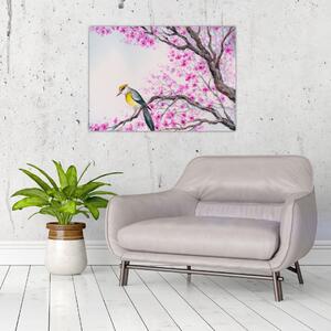 Obraz - ptak na drzewie z różowymi kwiatami (70x50 cm)