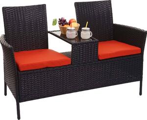 Ławka ogrodowa z polirattanu ze stołem HWC-E24, sofa ogrodowa, 132cm ~ czarny, poduszki terakota
