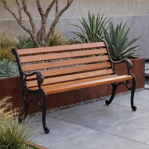 Ławka ogrodowa HWC-O25, ławka parkowa, ławka drewniana 2-osobowa, żeliwo, drewno sosnowe, 132 cm ~ teak