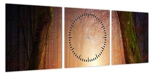 Obraz jesiennego lasu we mgle (z zegarem) (90x30 cm)