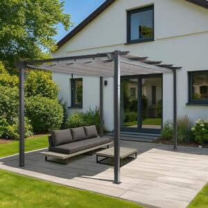 Pergola aluminiowa HWC-N93, pawilon ogrodowy altana ogrodowa, stabilna rama 8cm rozsuwany dach UV50+ 3x4m ~ szary