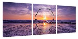 Obraz plaży - zachód słońca (z zegarem) (90x30 cm)
