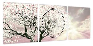 Obraz różowego drzewa (z zegarem) (90x30 cm)