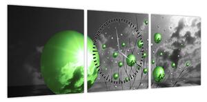 Obraz zielonych abstrakcyjnych kul (z zegarem) (90x30 cm)