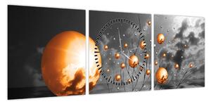 Obraz pomarańczowych abstrakcyjnych kul (z zegarem) (90x30 cm)