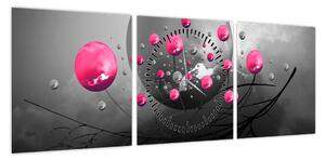 Obraz różowych abstrakcyjnych kul (z zegarem) (90x30 cm)