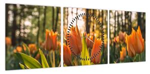 Obraz - kwiaty tulipanów (z zegarem) (90x30 cm)