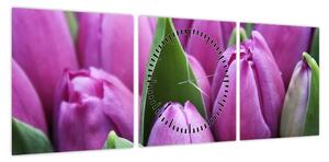 Obraz - kwiaty tulipanów (z zegarem) (90x30 cm)