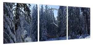 Obraz śnieżnego lasu (z zegarem) (90x30 cm)