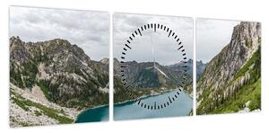 Obraz jeziora w górach (z zegarem) (90x30 cm)