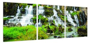 Obraz - wodospady z zielenią (z zegarem) (90x30 cm)