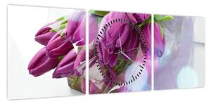 Obraz - bukiet tulipanów (z zegarem) (90x30 cm)